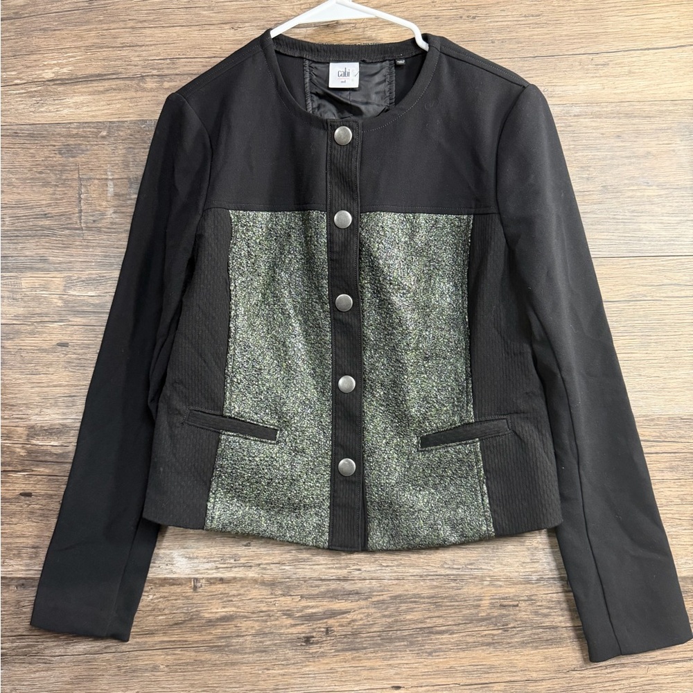 CAbi Black and Metallic Green Blazer with Button Accents